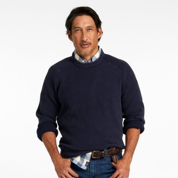 L.L. Bean Men's Sunwashed Textured Cotton Crewneck Sweater - Navy - Picture 1 of 6